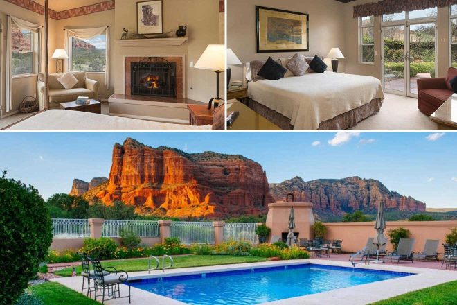 A collage of three upscale accommodation choices in Sedona: a refined bedroom with a cozy fireplace and expansive views of red rock cliffs, a luxurious bedroom with direct access to a manicured garden, and a sophisticated pool area set against the breathtaking backdrop of Sedona's famous red rock landscape
